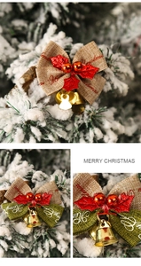 Detail of Christmas burlap bows with red holly leaves, berries and golden metal bells