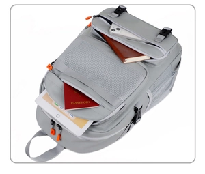 Top view of multi-compartment travel backpack showing capacity for laptop and gadgets