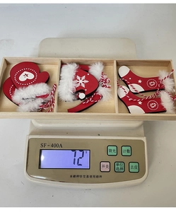 Three-piece Nordic wooden Christmas ornaments set with plush trim in wood display tray