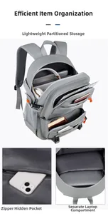 Detailed interior of gray travel backpack with laptop compartment and storage pockets
