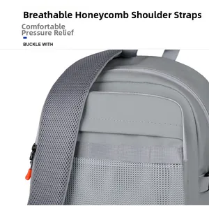 Detail of grey backpack showing breathable honeycomb mesh straps and orange zipper puller
