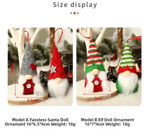 Size details of plush Christmas gnome and elf figurines with hanging ropes and warm knits
