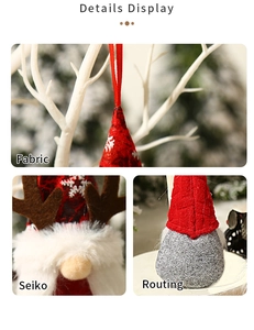 Detail of Christmas gnome plush with deer antlers showing fabric texture and faux fur beard