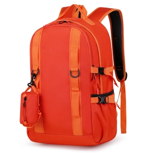 Large capacity orange hiking backpack with mini detachable pouch and mesh straps