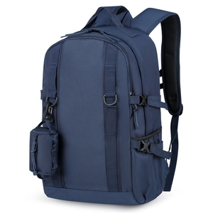 Large capacity navy blue tactical hiking backpack with detachable pouch and mesh straps