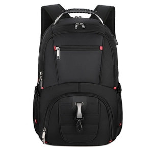 Mochila de viaje negra con detalles rojos con puerto USB y múltiples compartimentos