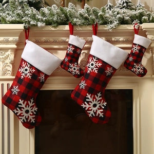 Buffalo Plaid Christmas Stocking Large Red Black Snowflake Decorative Gift Bag With Faux Fur Trim For Xmas Party Decor