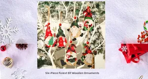Detailed view of six painted wooden gnome ornaments hanging on white Christmas branches