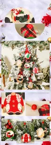 Detail of wooden Christmas gnome ornaments with red buffalo plaid on a snowy tree
