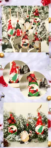Detail of wooden Christmas gnome ornaments featuring red green festive patterns and jute rope