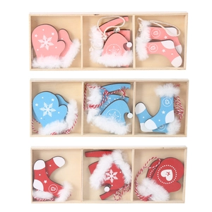 Colorful wooden Christmas pendant set in wood box featuring gloves socks and hats