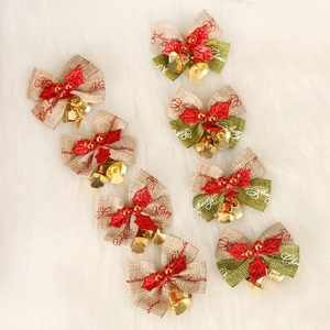 Handmade Christmas Linen Bows With Metal Bells And Red Berries Merry Christmas Printed Bow Ornaments For Xmas Tree Decor