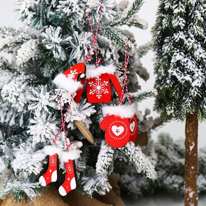Nordic red wooden Christmas ornaments set featuring snowflake patterns and fur trim
