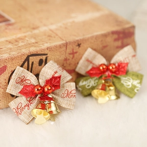 Handmade linen Christmas bows with gold bells and Merry Christmas print for tree decor