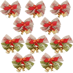 Set of 10 handmade linen Christmas bows with golden bells and festive berry accents