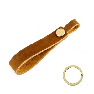 Vintage brown crazy horse leather keychain with a premium golden snap and metal ring