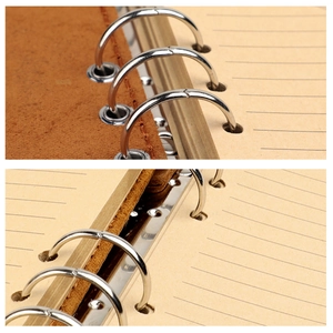 Détail des anneaux métalliques et de la texture du cuir marron de ce carnet vintage