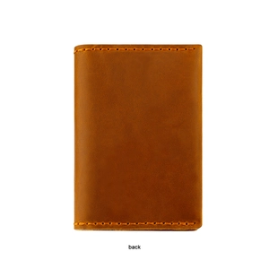 Rear view of brown crazy horse leather card holder with detailed orange stitching