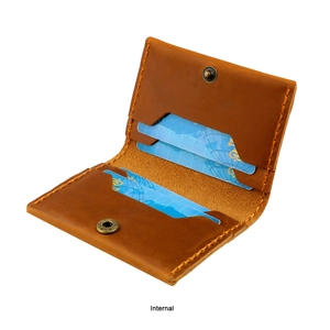 Detail of crazy horse leather card holder with multiple slots and brass snap closure