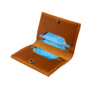Vintage brown crazy horse leather card holder wallet with brass snap button and slots