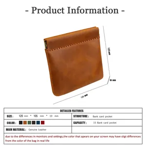 Detailed product size guide for genuine leather coin purse with dimensions and colors