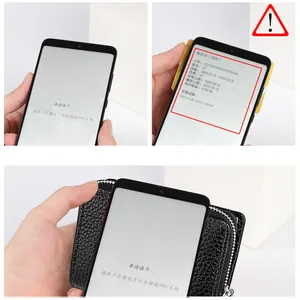 Detail showing the NFC anti-theft blocking function of the leather tri-fold wallet