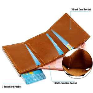 Detail view of crazy horse leather wallet with 3 card slots and 1 cash pocket layout