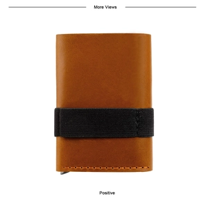 Detail of crazy horse leather card holder with black elastic band and orange stitching