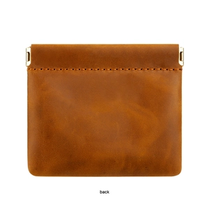 Detailed back view of a retro brown crazy horse leather coin purse with stitching