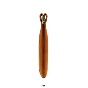 Side view of brown crazy horse leather coin purse showing slim profile and metal closure