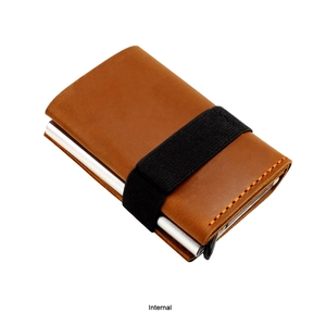 Detail view of crazy horse leather wallet with RFID blocking metal card slot and elastic strap