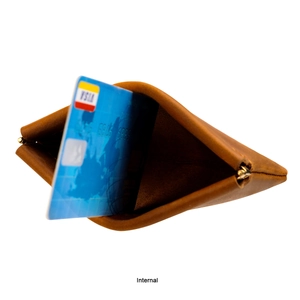 Internal view of brown crazy horse leather coin purse showing card capacity and lining