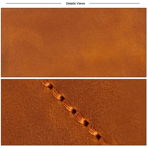 Macro shot of crazy horse leather texture with handmade stitching on the coin purse