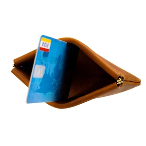 Brown crazy horse leather coin purse with metal spring closure and card slot