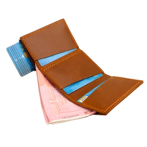 Brown crazy horse leather tri-fold wallet with aluminum card case and elastic strap closure