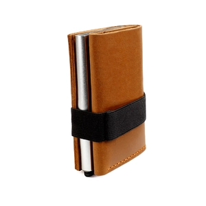 Brown crazy horse leather wallet with RFID blocking metal card holder and elastic band