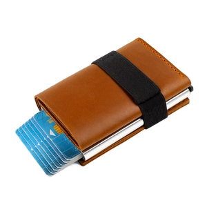 Brown crazy horse leather RFID wallet with elastic band and pop-up aluminum card holder
