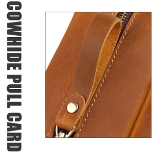 Makro-Detail der Kuhleder-Zuglasche und des Messing-Reißverschlusses am Leder-Federmappe