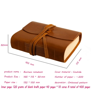 Detailed specs of retro cowhide notebook with dimensions and 400 blank pages
