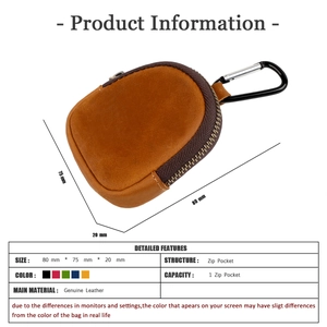 Detailed dimensions guide for genuine crazy horse leather coin purse with metal carabiner