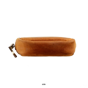 Side view of brown crazy horse leather pouch with vintage zipper and hand-stitched detail