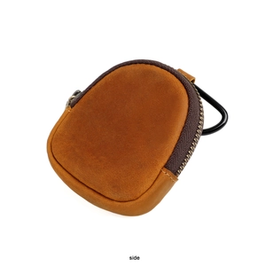 Side view of brown crazy horse leather coin purse with metal zipper and carabiner hook