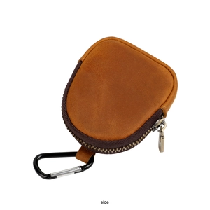 Side view of crazy horse leather coin purse with vintage zipper and metal carabiner hook