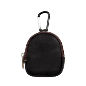 Macro shot of black crazy horse leather mini pouch with metal carabiner and zipper