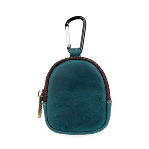 Close-up of small peacock green crazy horse leather coin purse with black carabiner clip