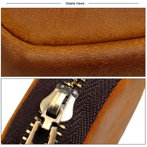 Macro shot of caramel crazy horse leather texture and vintage gold zipper details