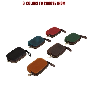 Set of six colorful vintage crazy horse leather zip pouches showing diverse color options
