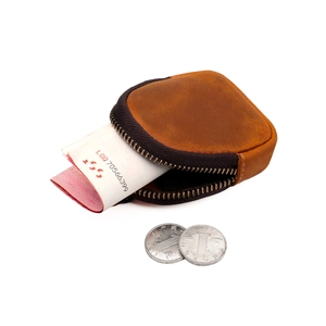 Vintage brown crazy horse leather mini coin purse with secure zipper closure and compact design