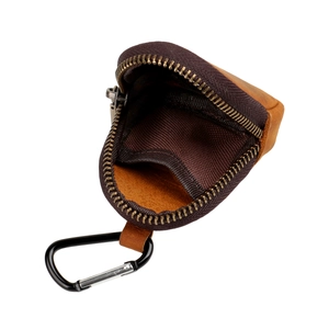 Brown crazy horse leather coin pouch and key case with metal zipper and D-ring buckle