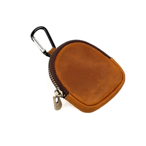 Vintage brown crazy horse leather coin purse with metal carabiner and zipper closure